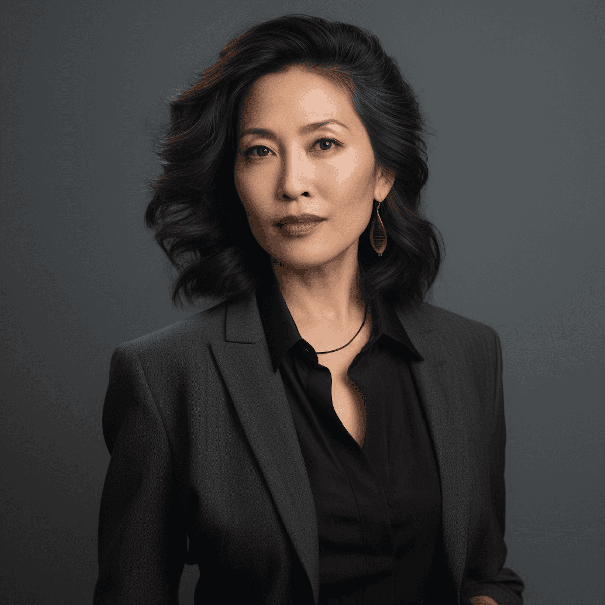 A professional woman with dark, wavy hair, wearing a black suit and shirt, poses against a neutral background.