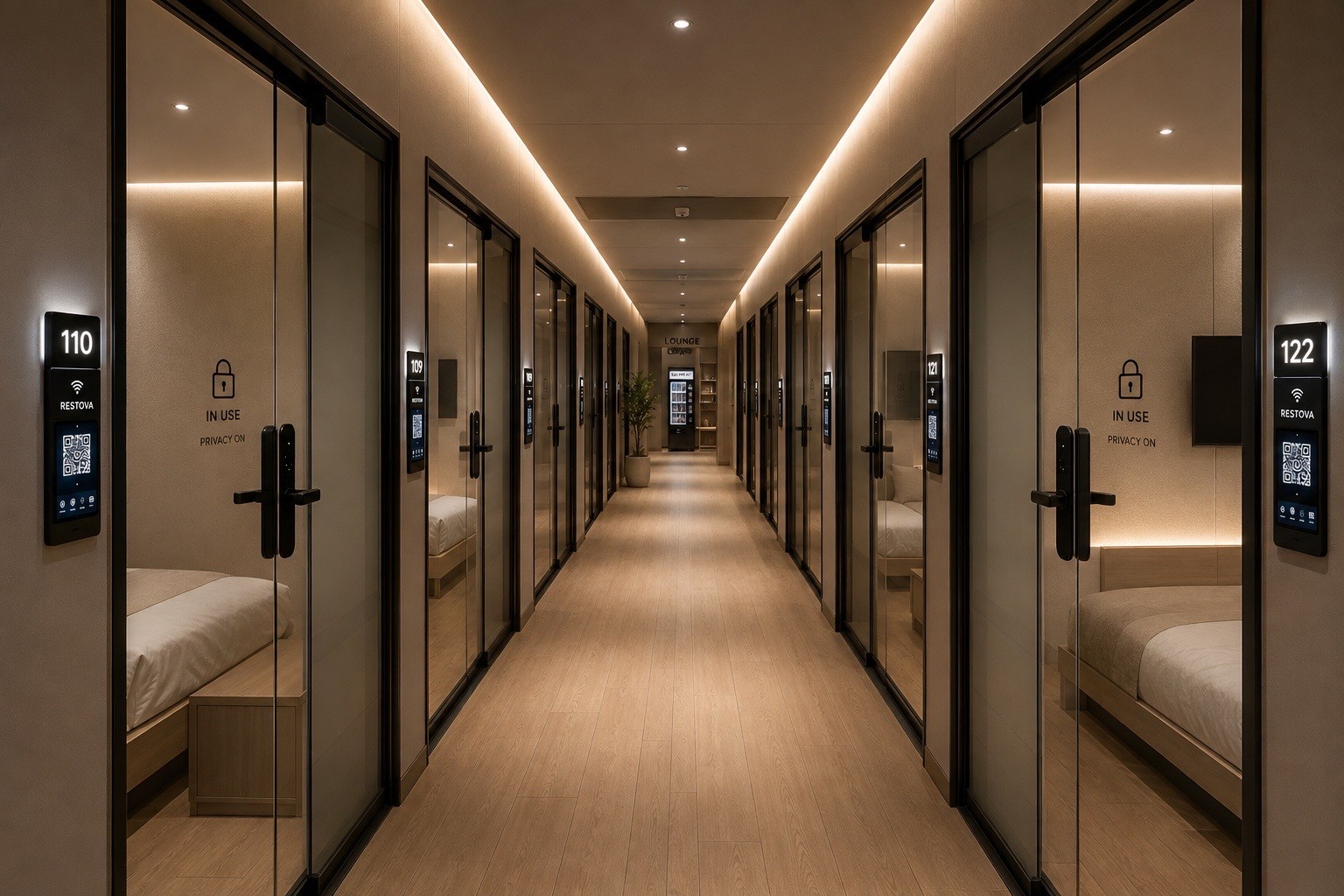 RESTOVA private rest room corridor with warm lighting and oak flooring