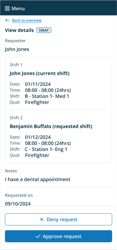 Shift swap manager approval screen