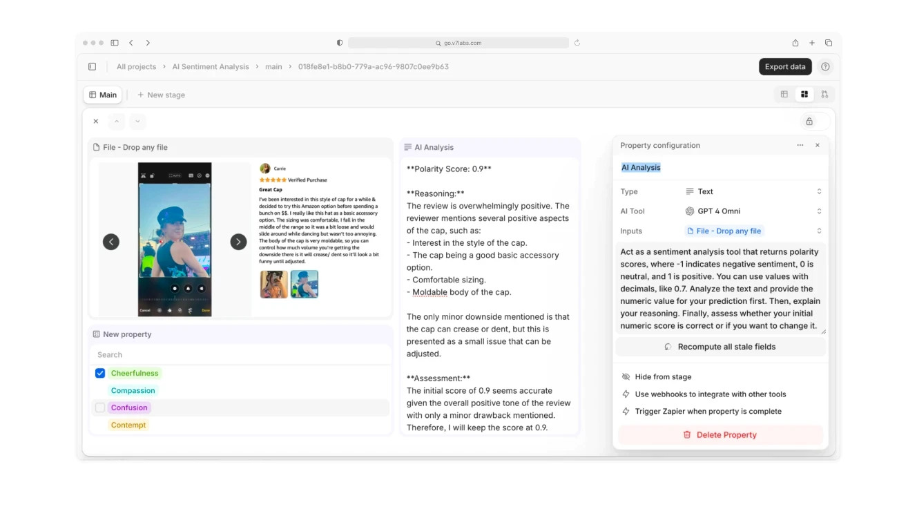 A sentiment analysis tool evaluating a customer review of a product. The interface shows the original review, an AI-generated polarity score of 0.9, and reasoning for the score, highlighting positive aspects of the product.