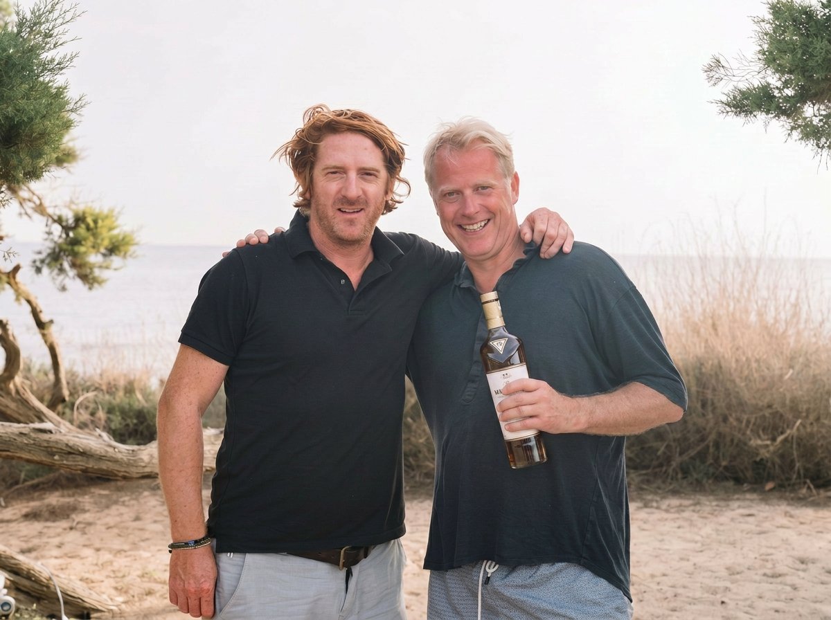 Two people outdoors, one holding a bottle with a premium cork stopper, showcasing spirits packaging and whisky closures.