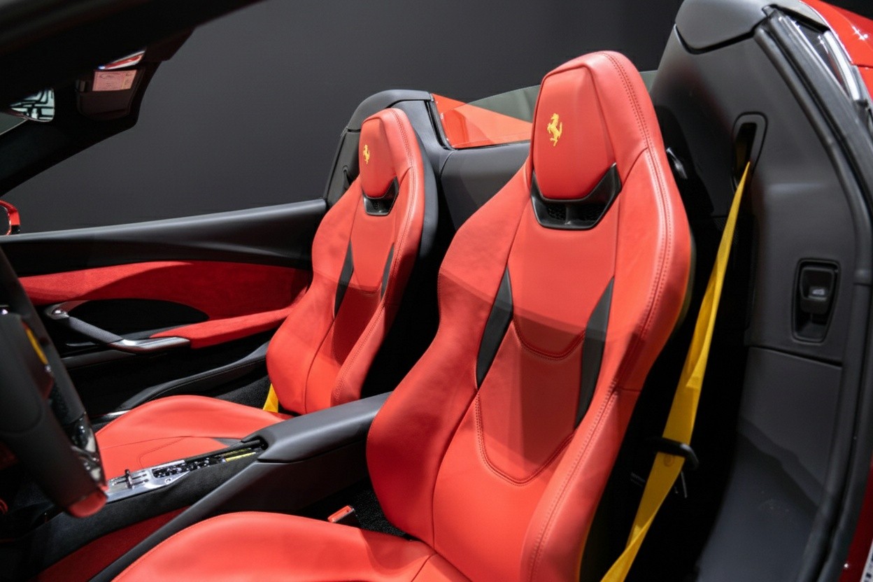 Ferrari 296 GTS sport seats interior with premium leather and carbon-inspired racing design.