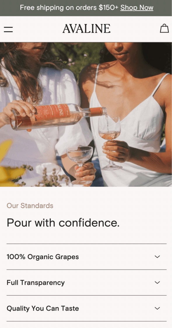 Mobile homepage for Avaline featuring wine pouring lifestyle imagery