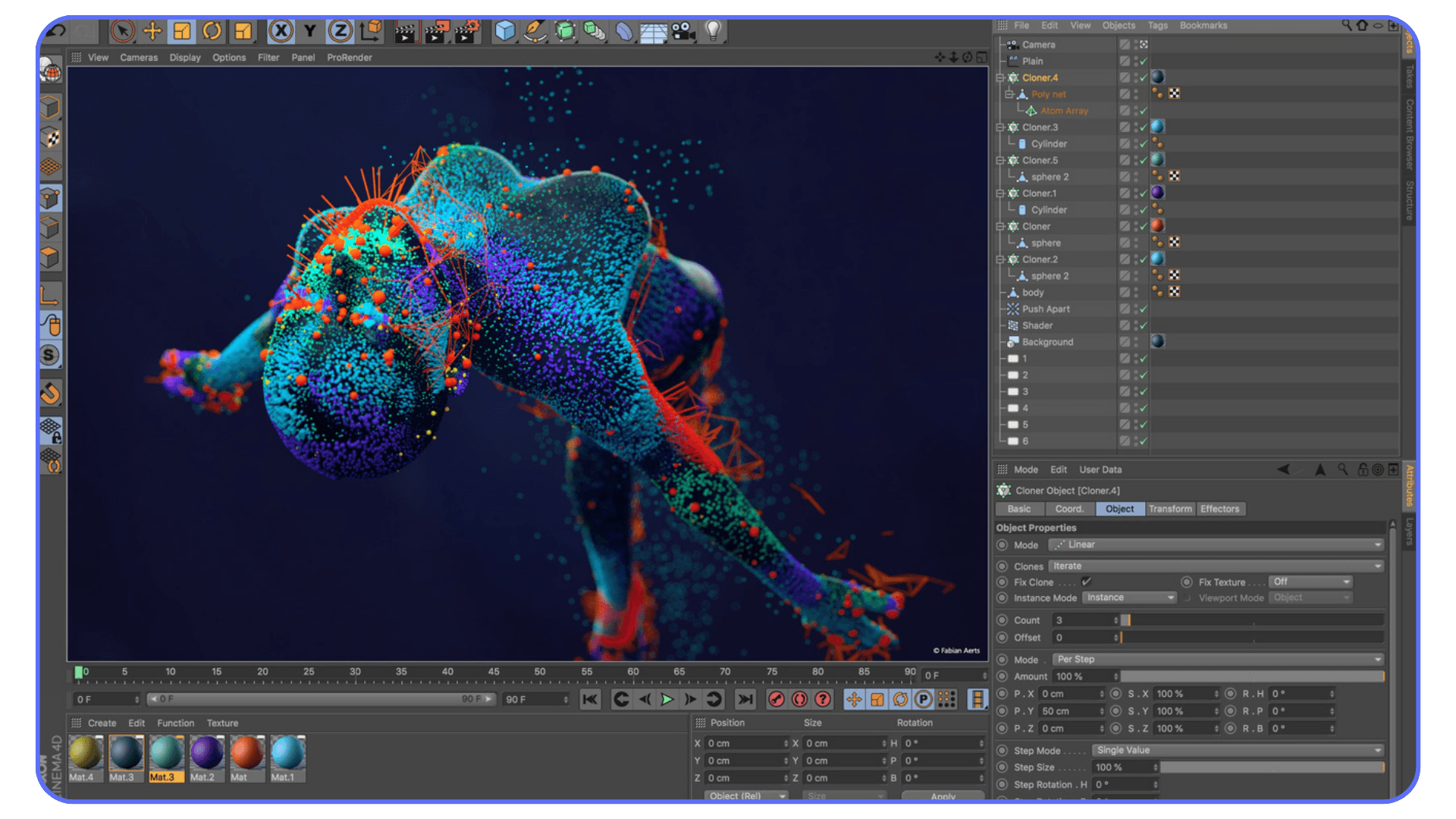 Cinema 4D interface showing a colorful particle simulation forming a human figure, with MoGraph and effectors visible in the object hierarchy panel.