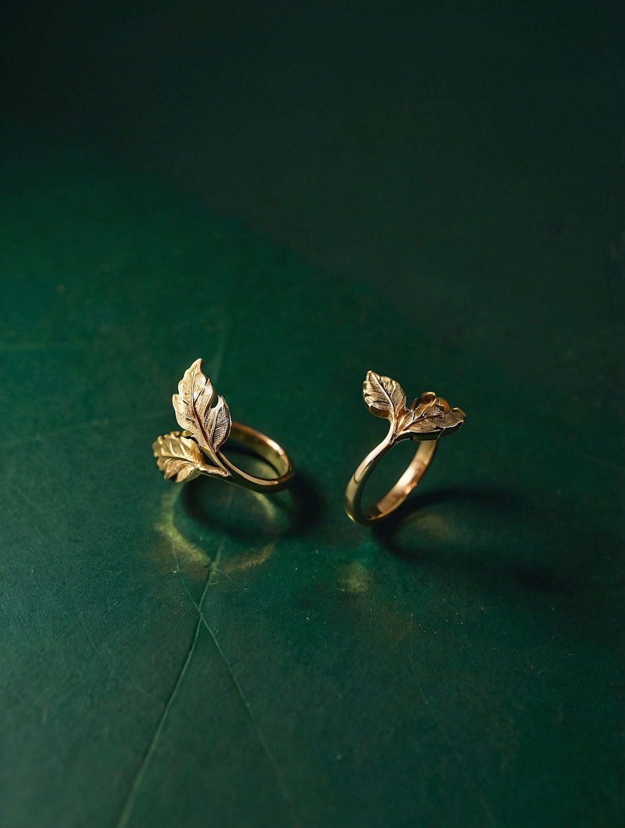 Elegant gold rings with intricate leaf designs on a deep green background, showcasing luxury and craftsmanship in a minimalist setting.