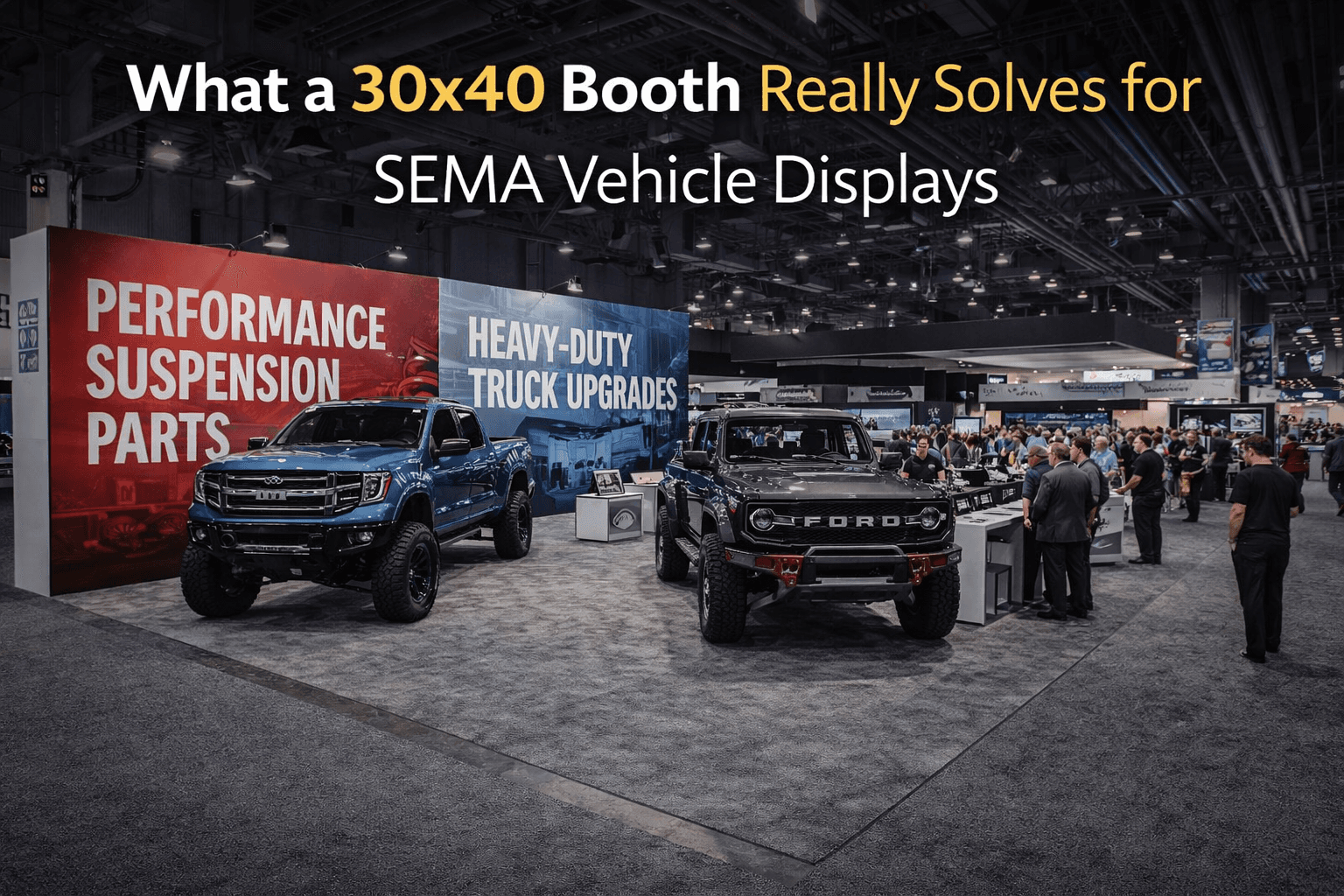 30x40 SEMA booth in Las Vegas with vehicle displays, open circulation, product zones, and a large automotive exhibit layout