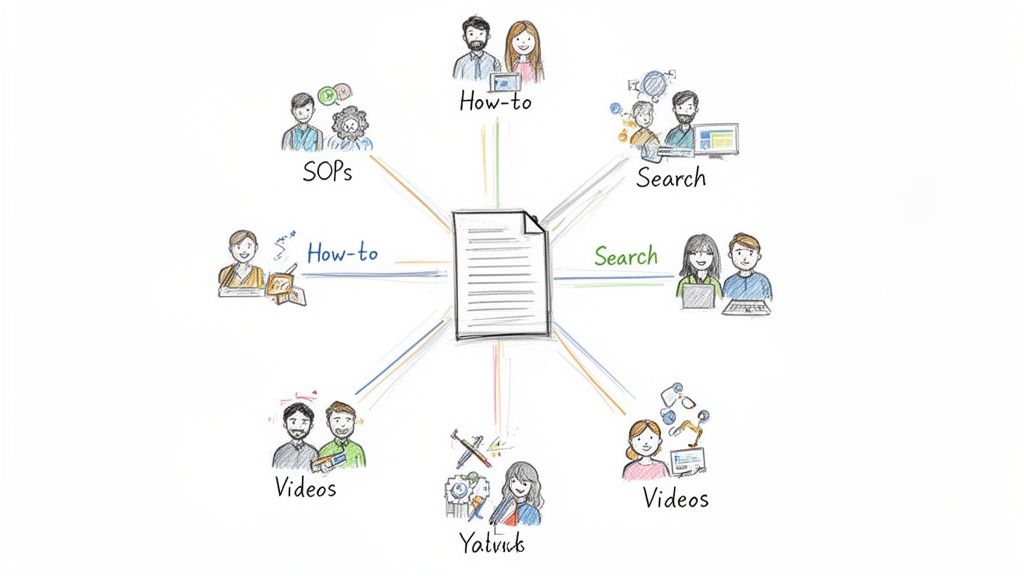 A central document connected to diverse teams using SOPs, how-to guides, search, and videos for knowledge sharing.