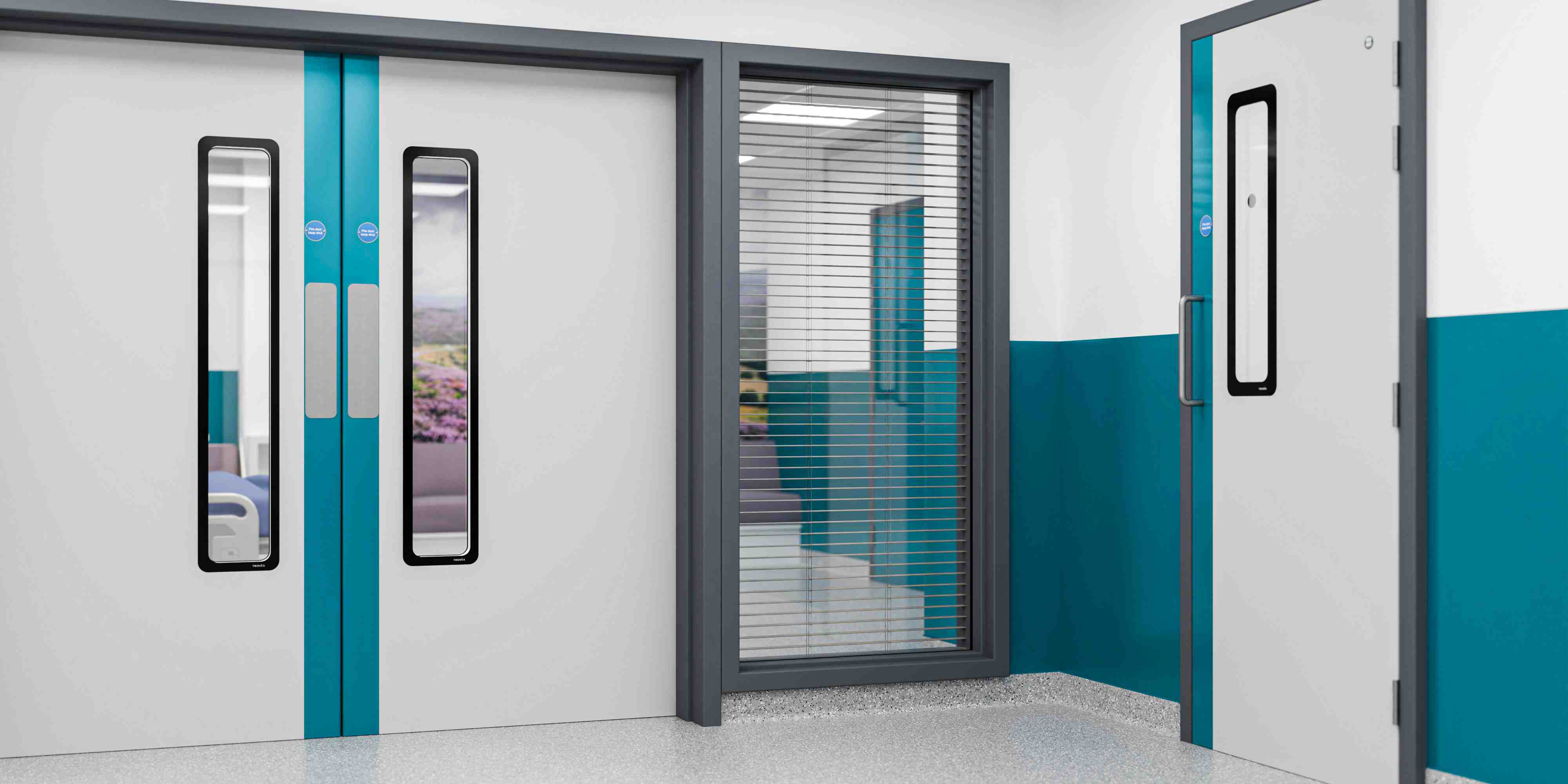 Hygiscreen window between Hygidoors with diamond PVC wall cladding
