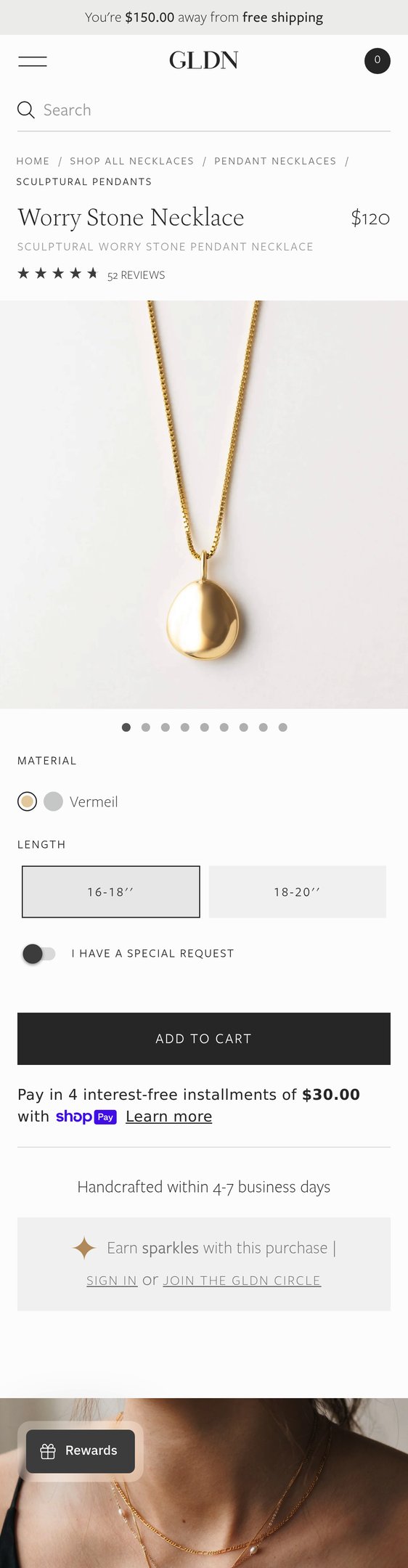 Jewelry product options include: necklace, pendant for Worry Stone Necklace from GLDN.