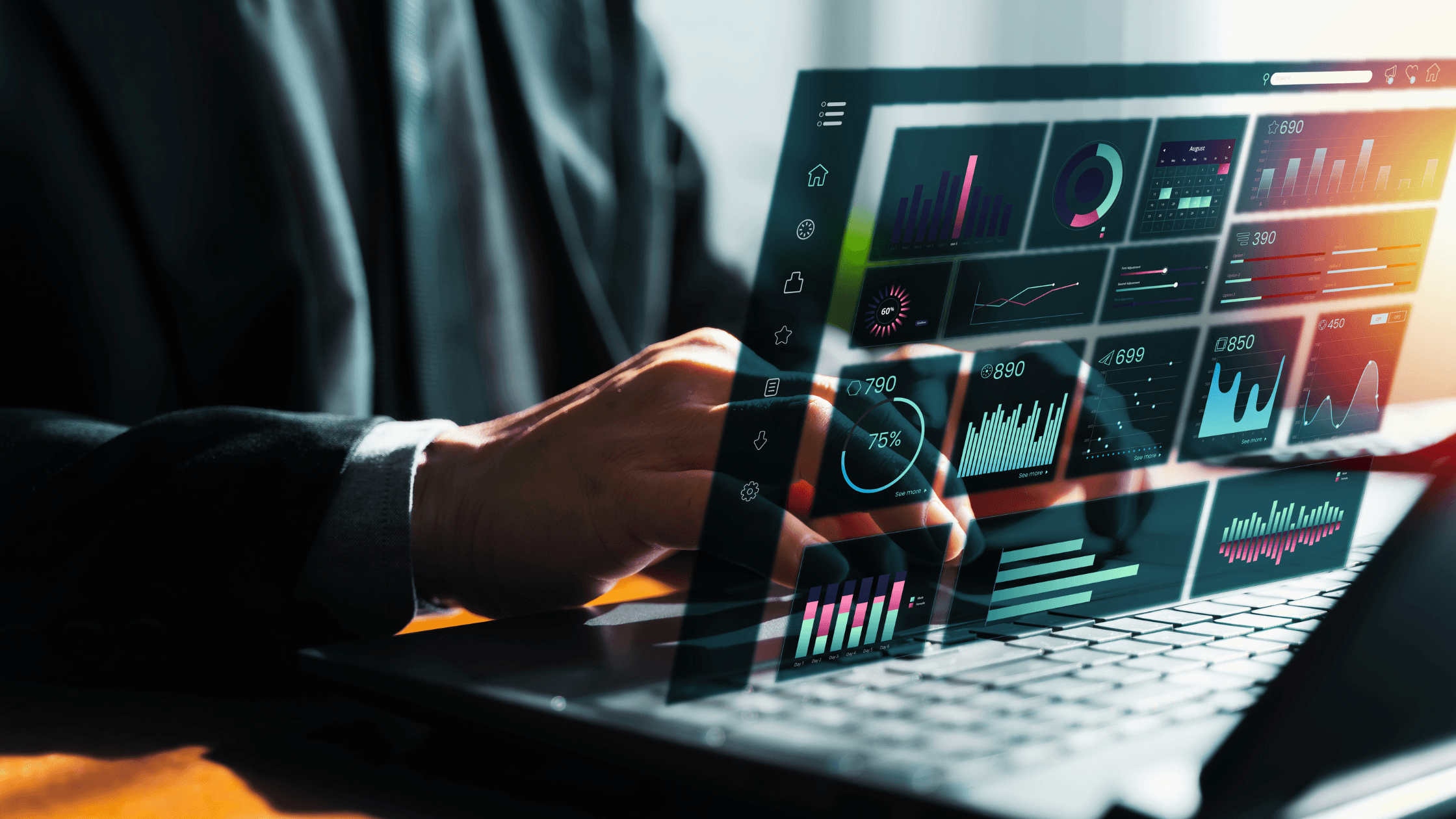 Workflow automation dashboard displaying real-time data analytics, performance metrics, and automated business process insights on a laptop screen.