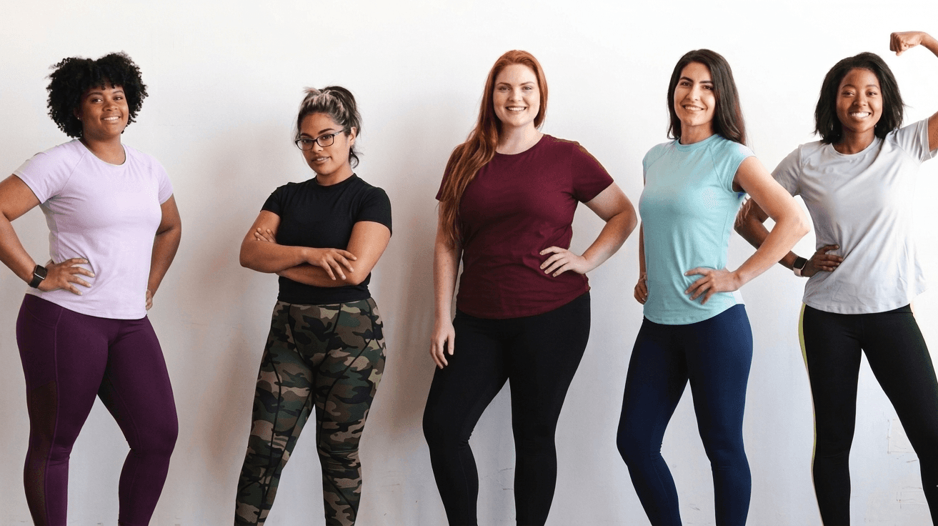 Women with different body types standing together to represent varied physical builds
