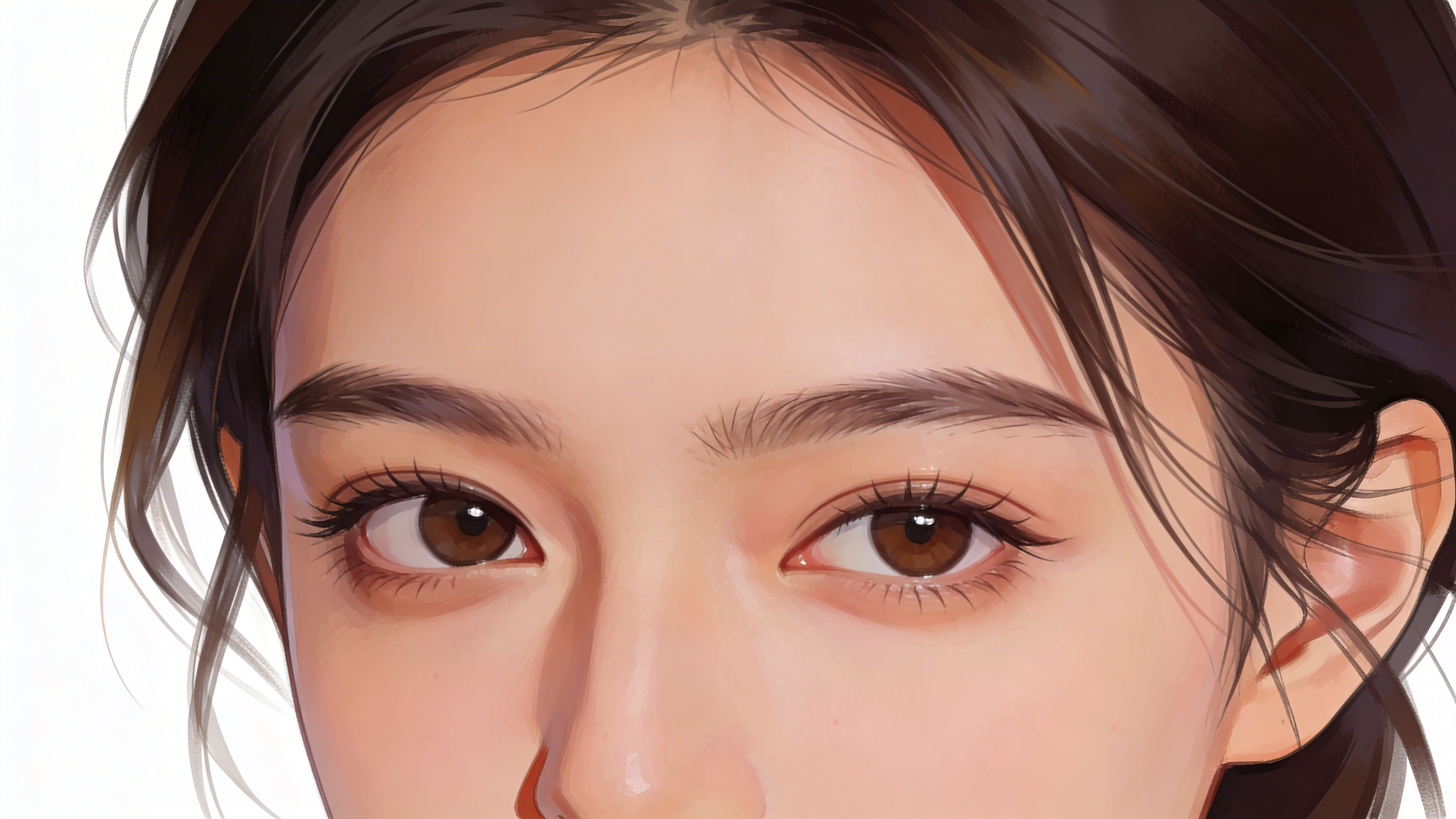 Nahaufnahme des Gesichts einer jungen Frau mit dunklem Haar und ausdrucksstarken, braunen Augen im künstlerischen Stil.