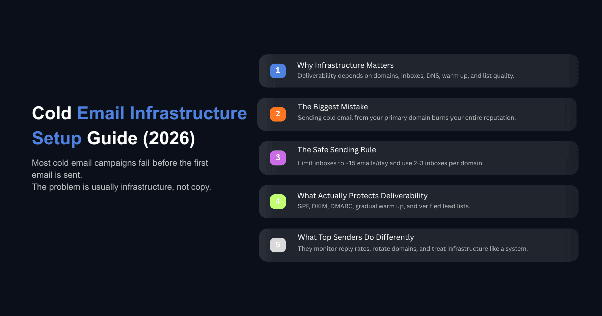 Cold email infrastructure setup guide infographic showing deliverability rules, DNS setup, inbox warm-up, and SPF DKIM DMARC tips.