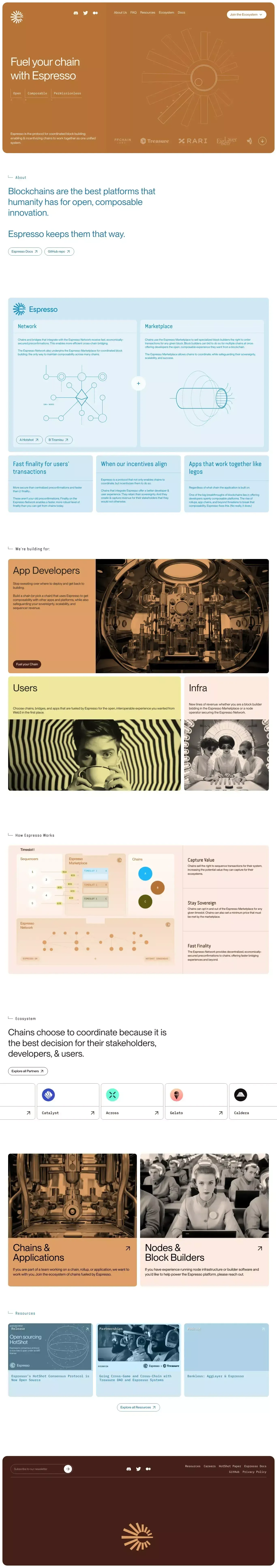 Espresso Systems landing page screenshot showcasing Tech design