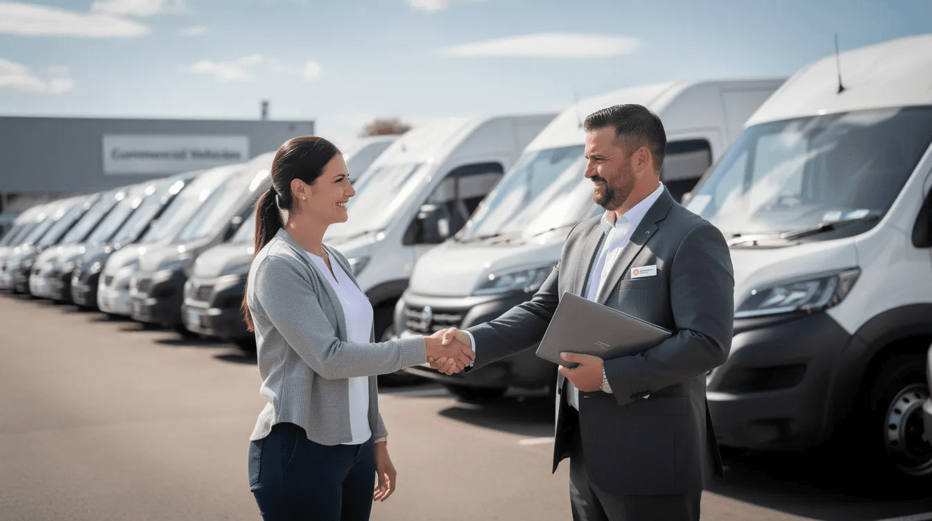 The image depicts a person shaking hands with a car dealer in front of a lineup of commercial vans, symbolizing a successful negotiation for vehicle financing options such as a chattel mortgage or hire purchase. This interaction highlights the importance of securing business vehicles for operational purposes while considering tax benefits and financing agreements.