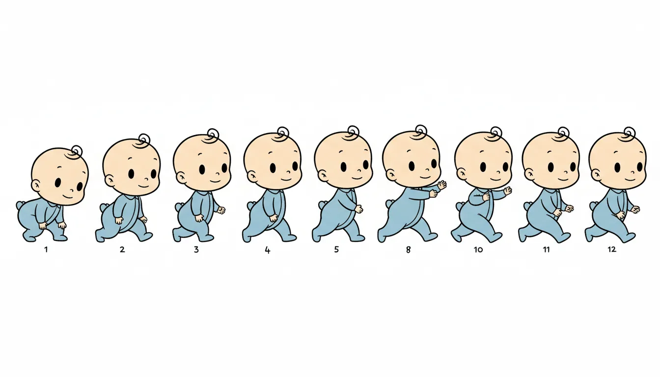 A 2D animation walk cycle chart illustrating one of the 12 principles of animation, showing a sequence of twelve identical, stylized cartoon characters walking in a horizontal line from left to right. The characters are baby-like with large pale heads, a single curly black hair on top, and simple features, wearing light blue one-piece pajamas with a rear flap. Each character represents a keyframe in the walking motion. Classic hand-drawn illustration style with clean black ink outlines and flat, muted colors, isolated on a stark white background.