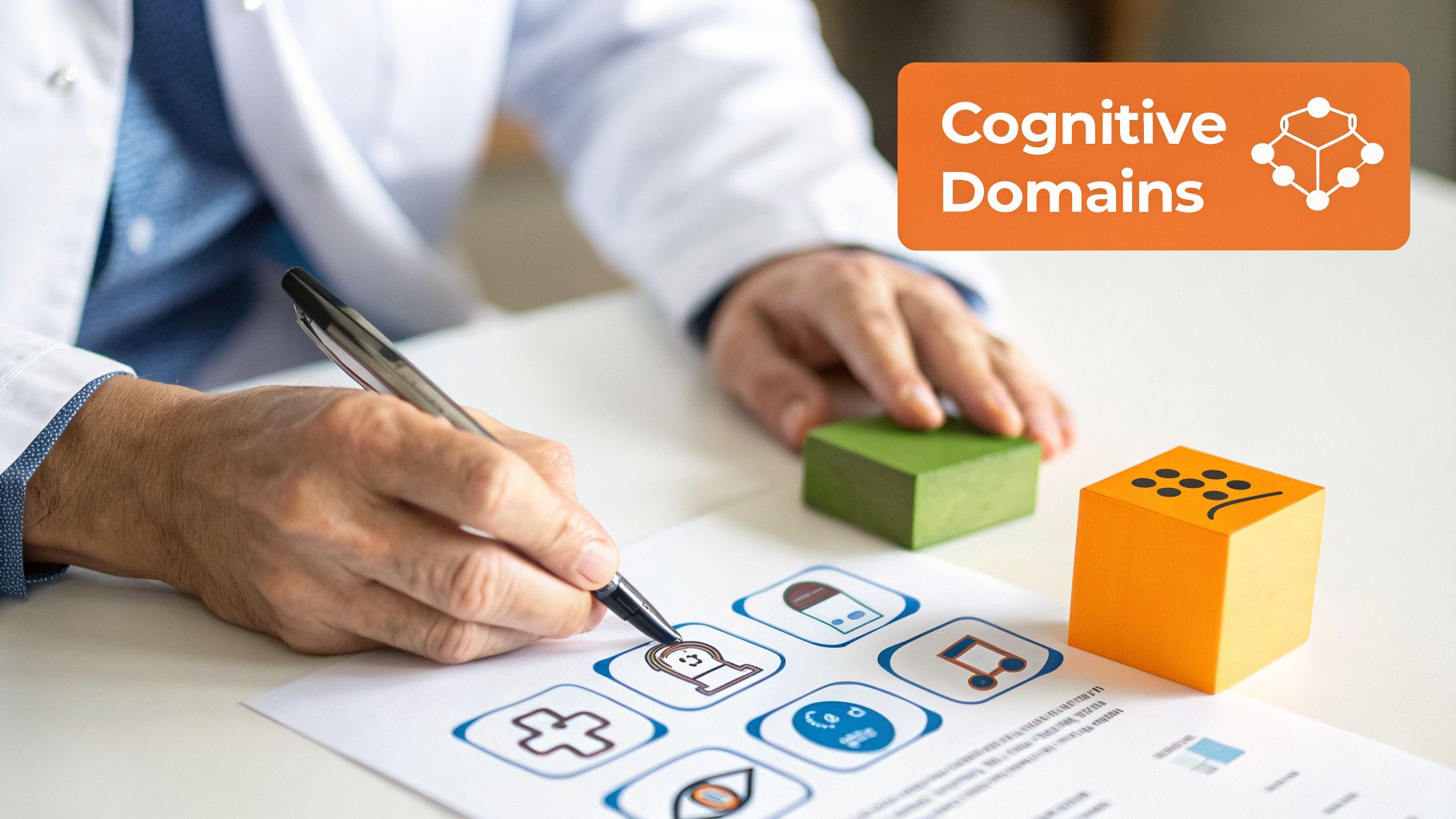 A doctor performs a cognitive assessment, writing on a paper test with various icons and using colorful blocks.