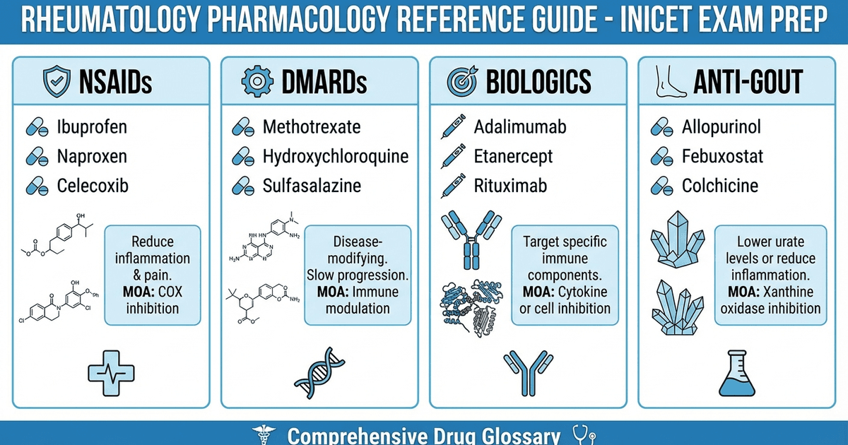 Cover: INICET Musculoskeletal & Rheumatology Pharmacology Glossary 2026: NSAIDs, DMARDs, Anti-Gout Drugs and Biologics