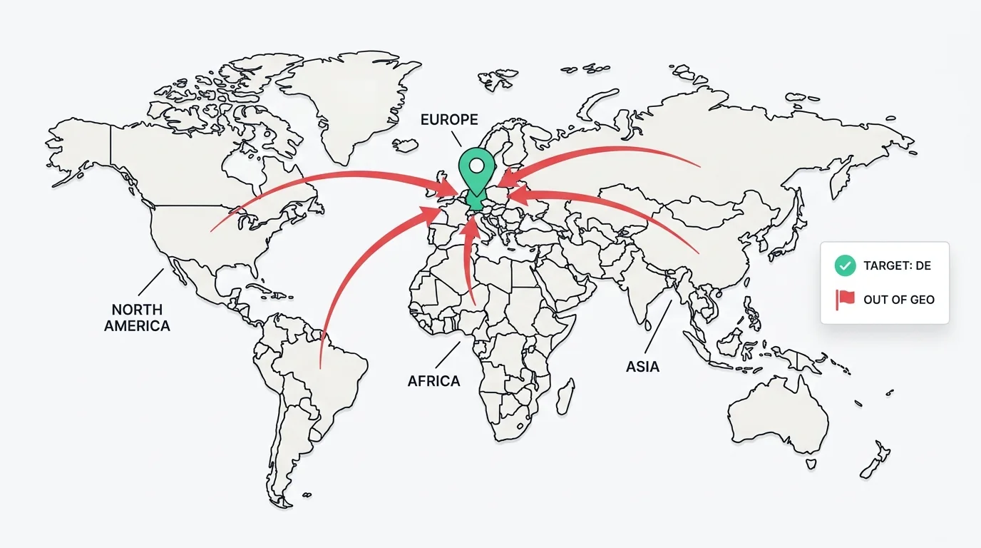 Onsite detection dashboard flagging out-of-geo traffic: a campaign targeted to Germany showing sessions arriving from other countries, marked in red against green in-target traffic