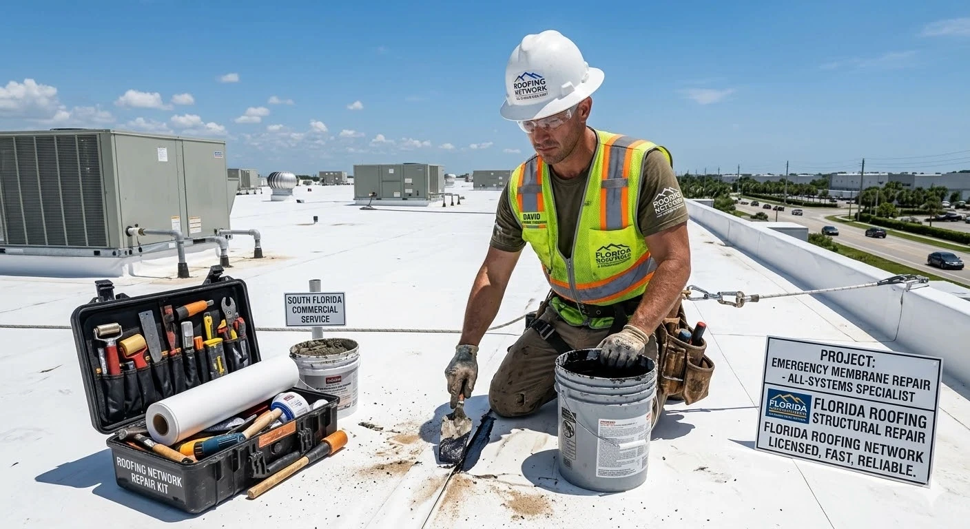 Commercial roof repair South Florida — licensed Roofing Network technician performing TPO seam repair on commercial flat roof
