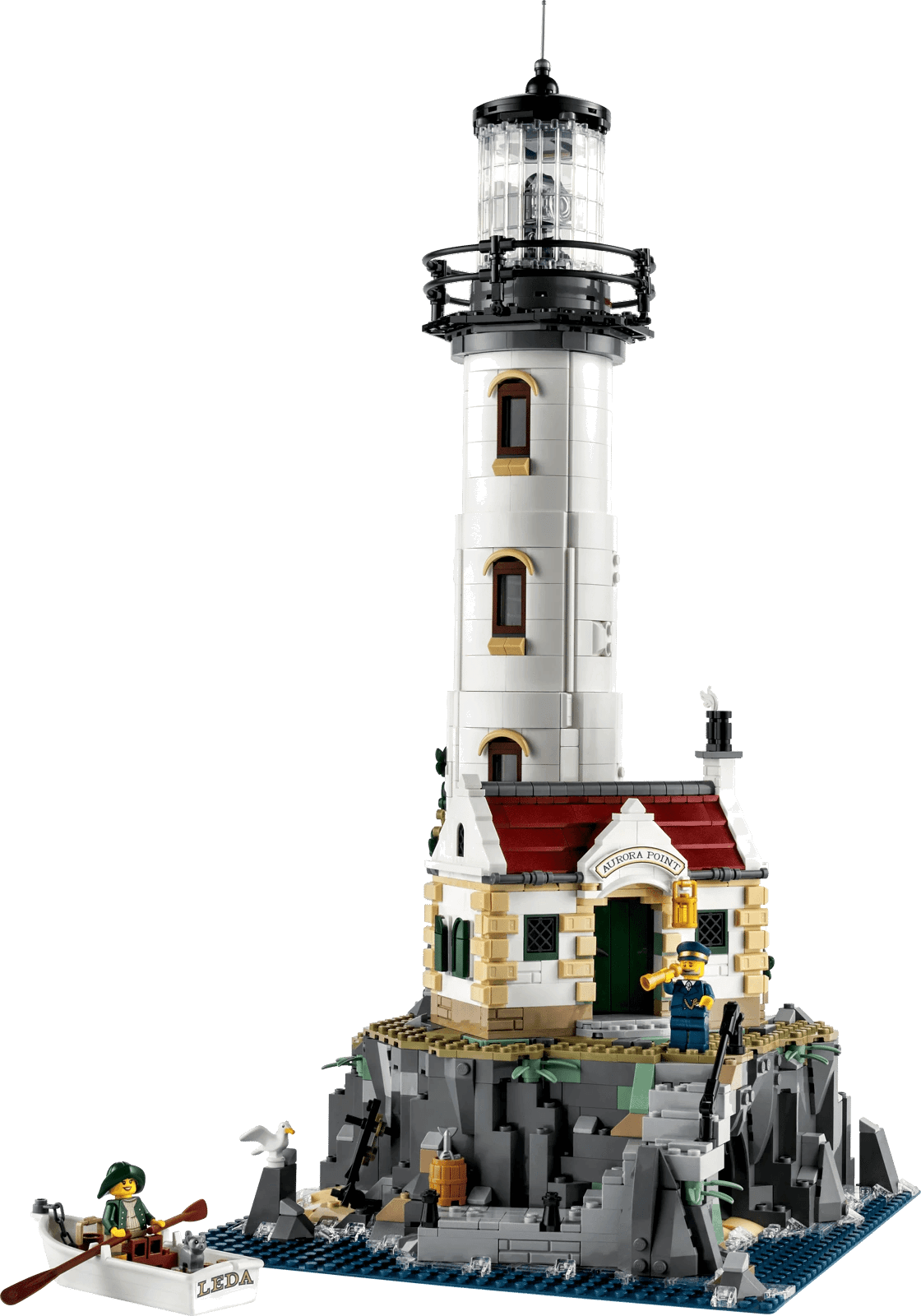 LEGO® Motorized Lighthouse (sett 21335) - ferdigbygd hvitt fyrtårn på klippe med to minifigurer, Brikkenerd