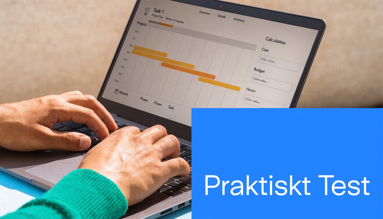 Person använder en bärbar dator för att planera projekt med hjälp av ett digitalt projektverktyg för budgetering.