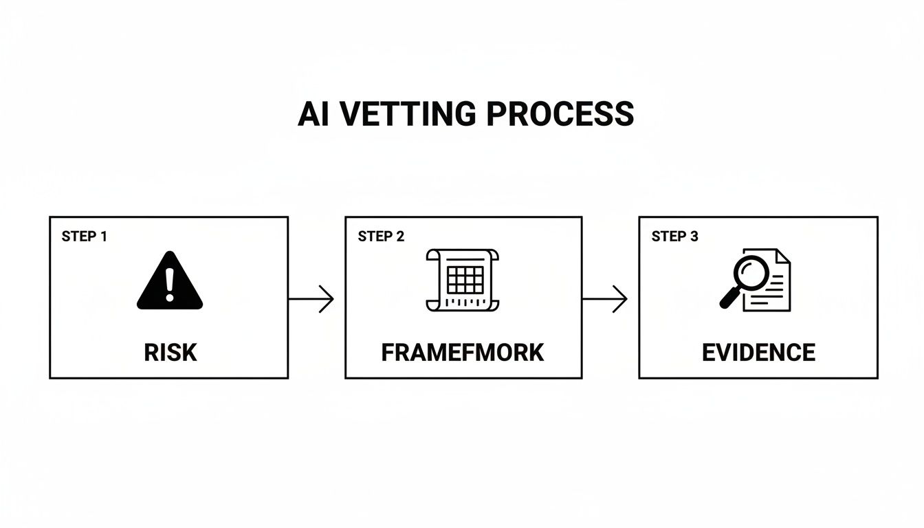 A flowchart illustrates the AI vetting process with three steps: Risk, Framework, and Evidence, shown with icons.