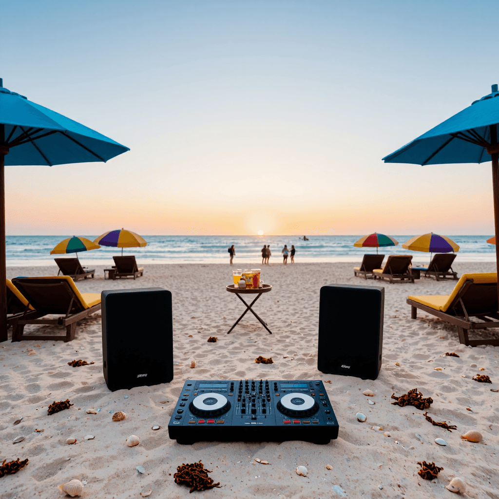 product photography of DJ mixer and speakers
