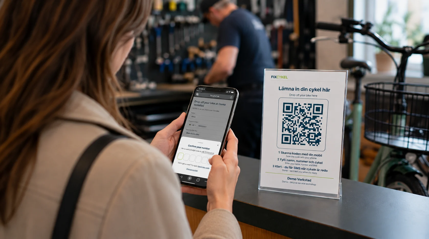 At the counter, a customer’s phone shows the drop-off form already filled in and a Confirm your number sheet asking for a 6-digit code