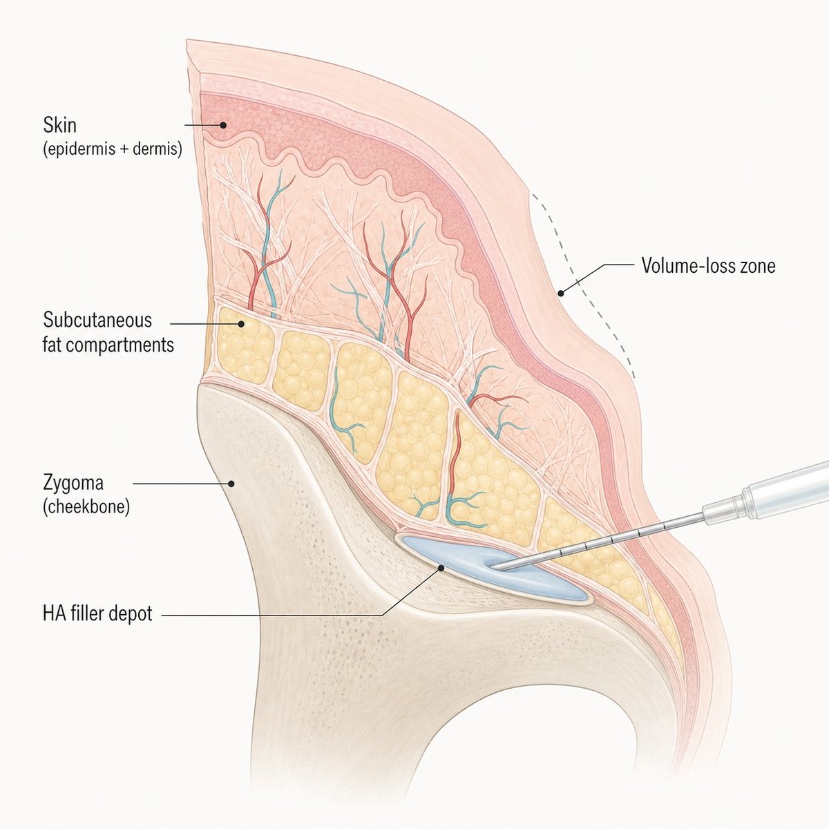 Cross-section of the midface showing fat compartment volume loss and HA filler placement plane