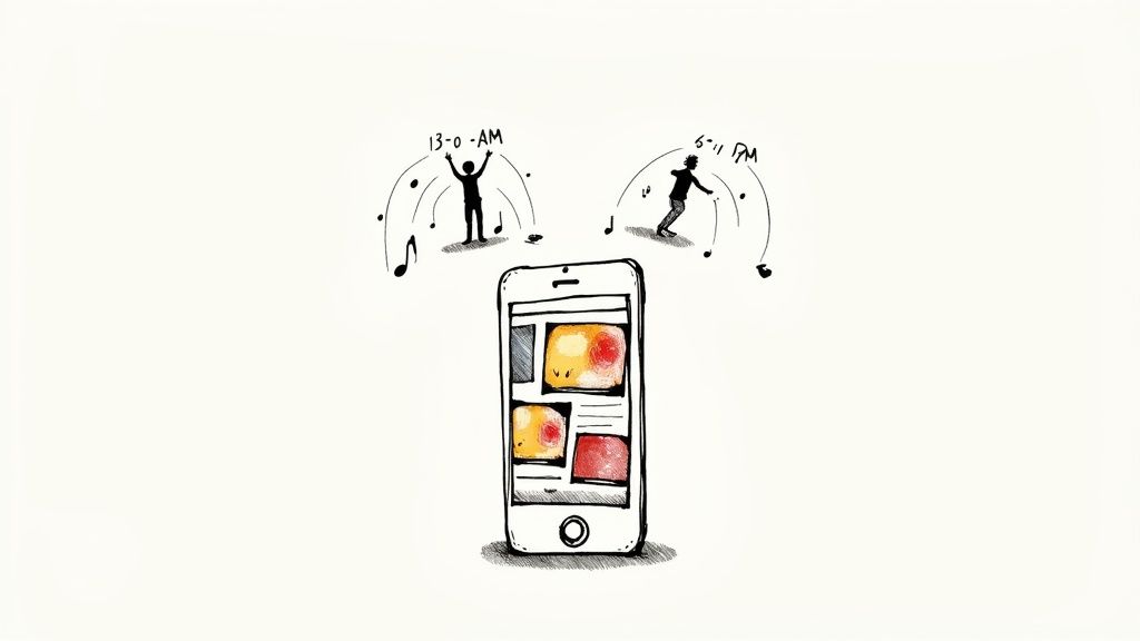 Hand-drawn illustration of a smartphone displaying content, with two figures dancing to music at distinct AM and PM times.