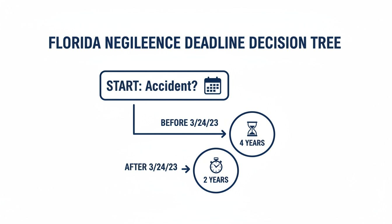 Florida negligence deadline decision tree showing 4 years before March 24, 2023, and 2 years after.