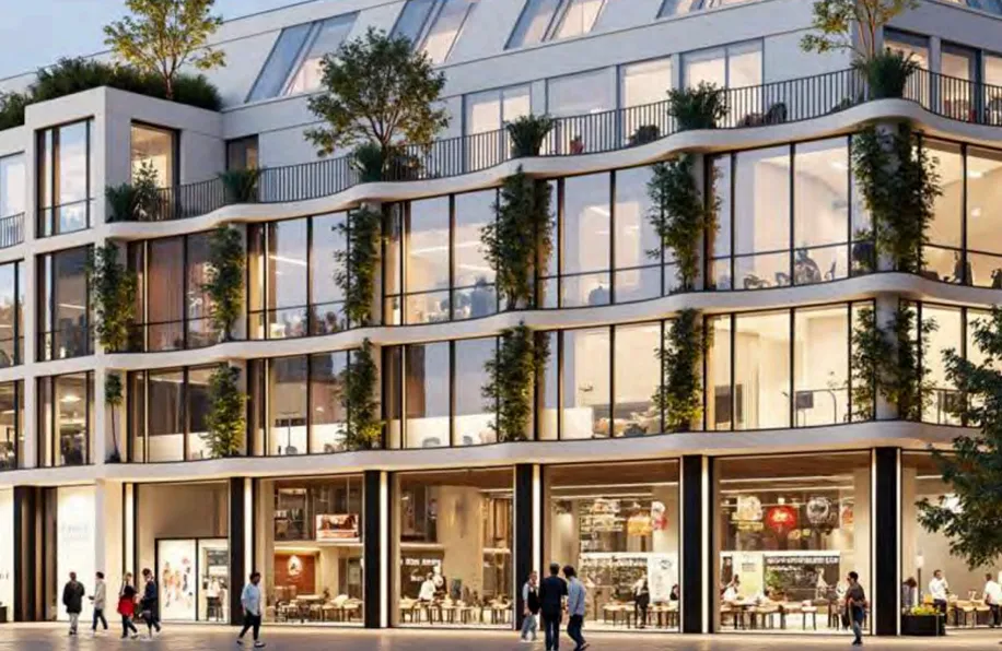 Isometrische Zeichnung eines Bauprojekts mit mehreren Gebäuden und markierten Strukturen in Rot