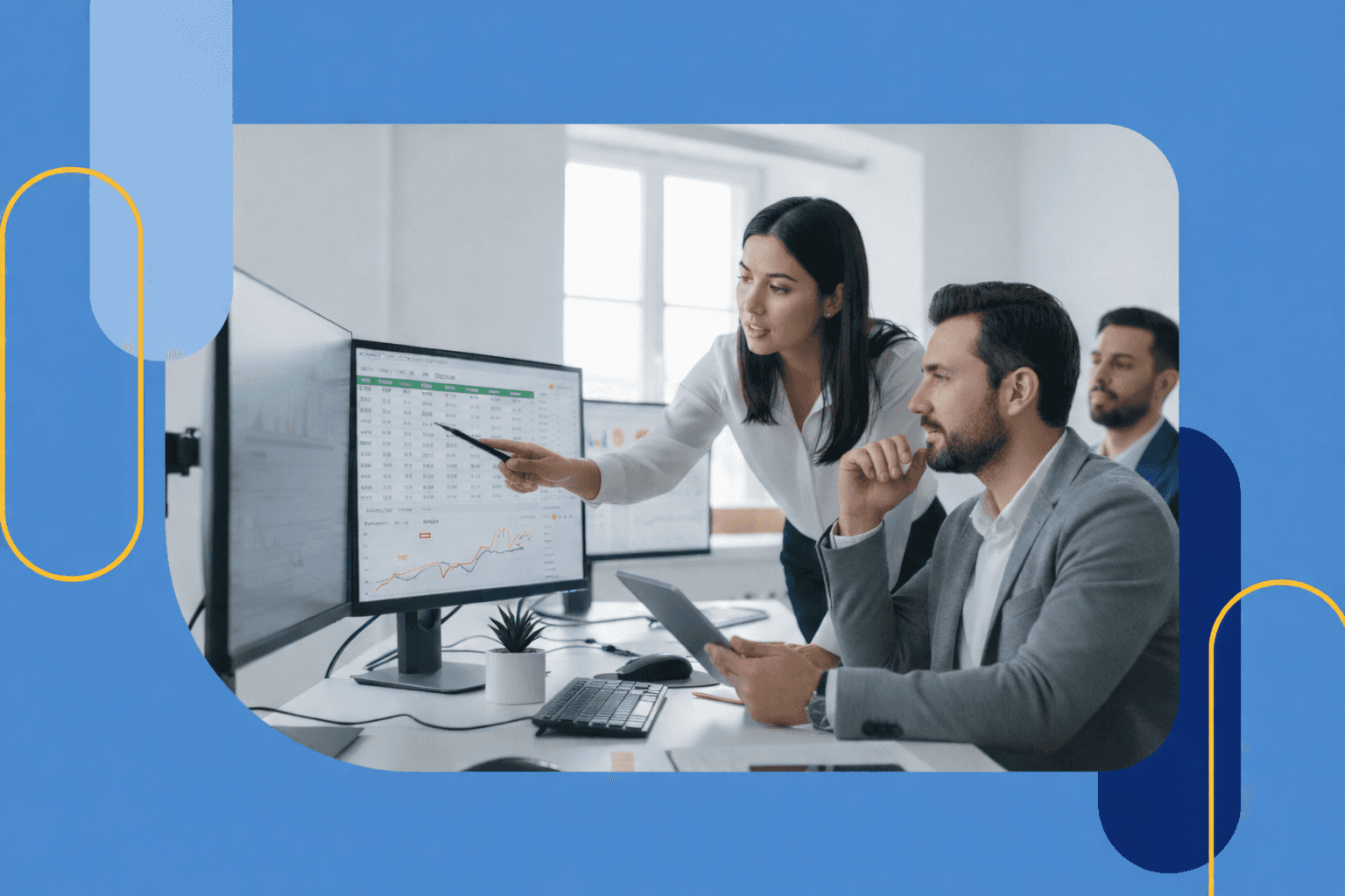 A professional finance team analyzing Amazon Vendor reimbursement data and shortage claims on office monitors.