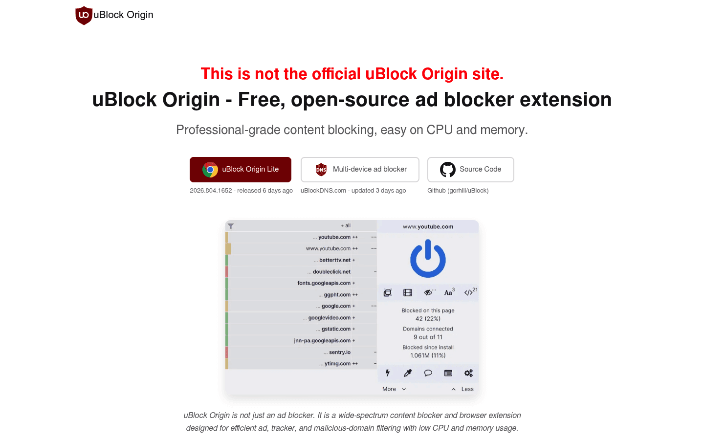 uBlock Origin Lite homepage screenshot