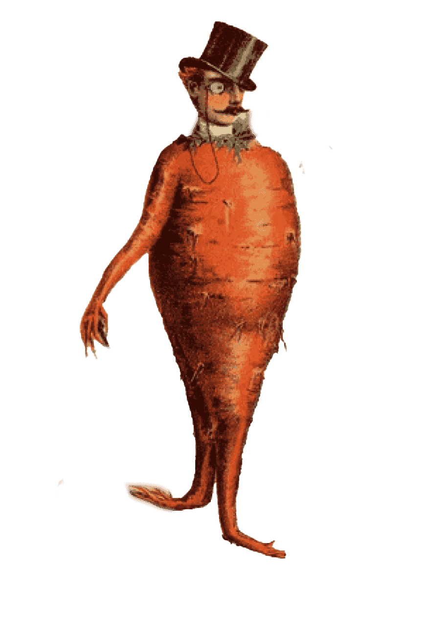 Anthropomorphic carrot in top hat — Benicaros prebiotic fibre character representing gut-health benefits.