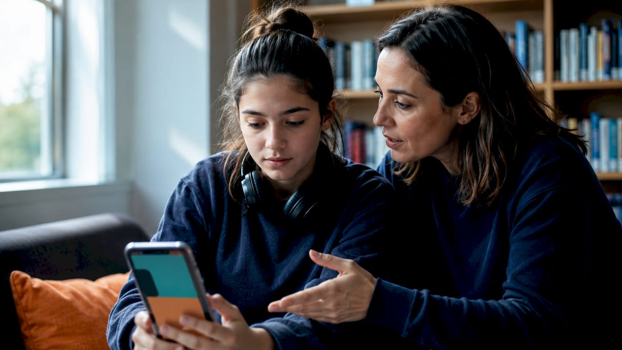 Una adolescente y su cuidadora conversan sobre seguridad en internet