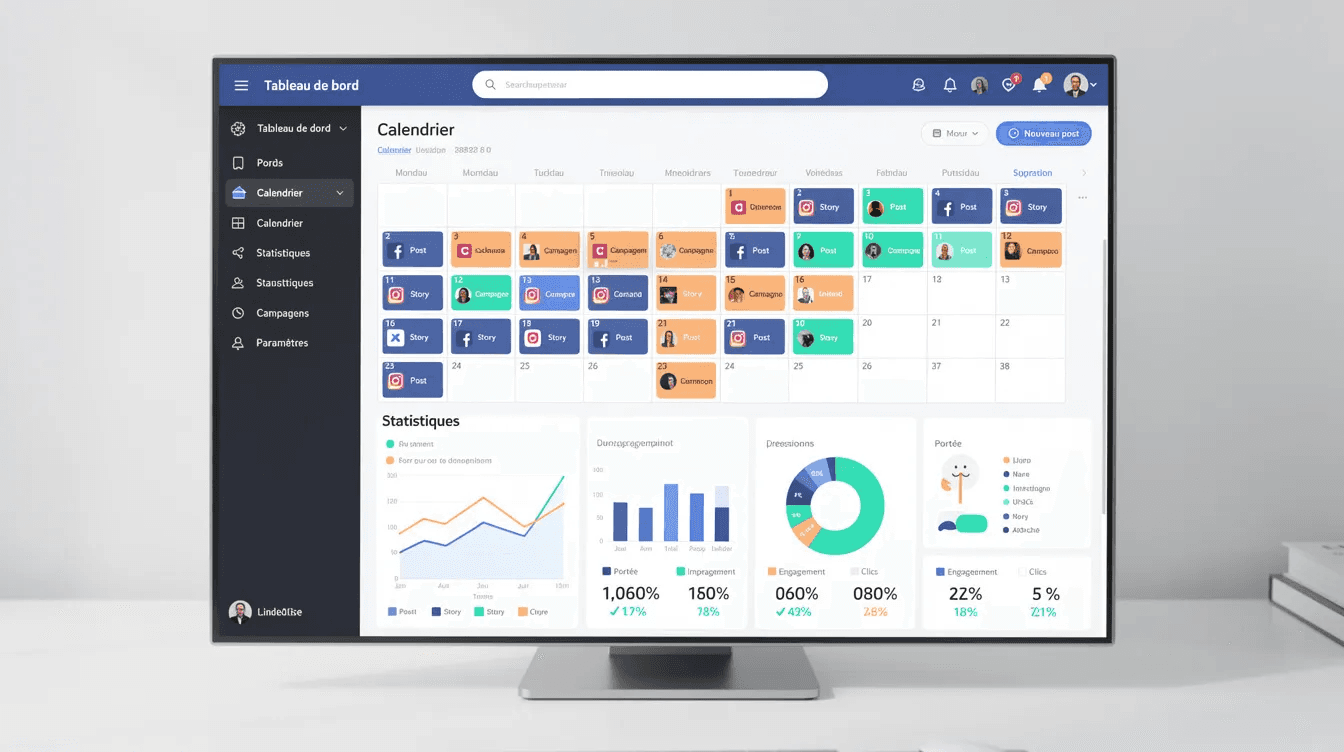 L'image montre un tableau de bord de gestion des réseaux sociaux, affichant un calendrier de planification et des statistiques de performance. On y voit des graphiques et des données qui permettent aux community managers de suivre l'impact de leurs publications sur des plateformes telles qu'Instagram, Facebook et LinkedIn.