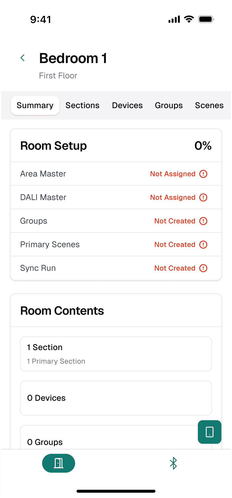 Keus Ops app room summary at 0% setup progress
