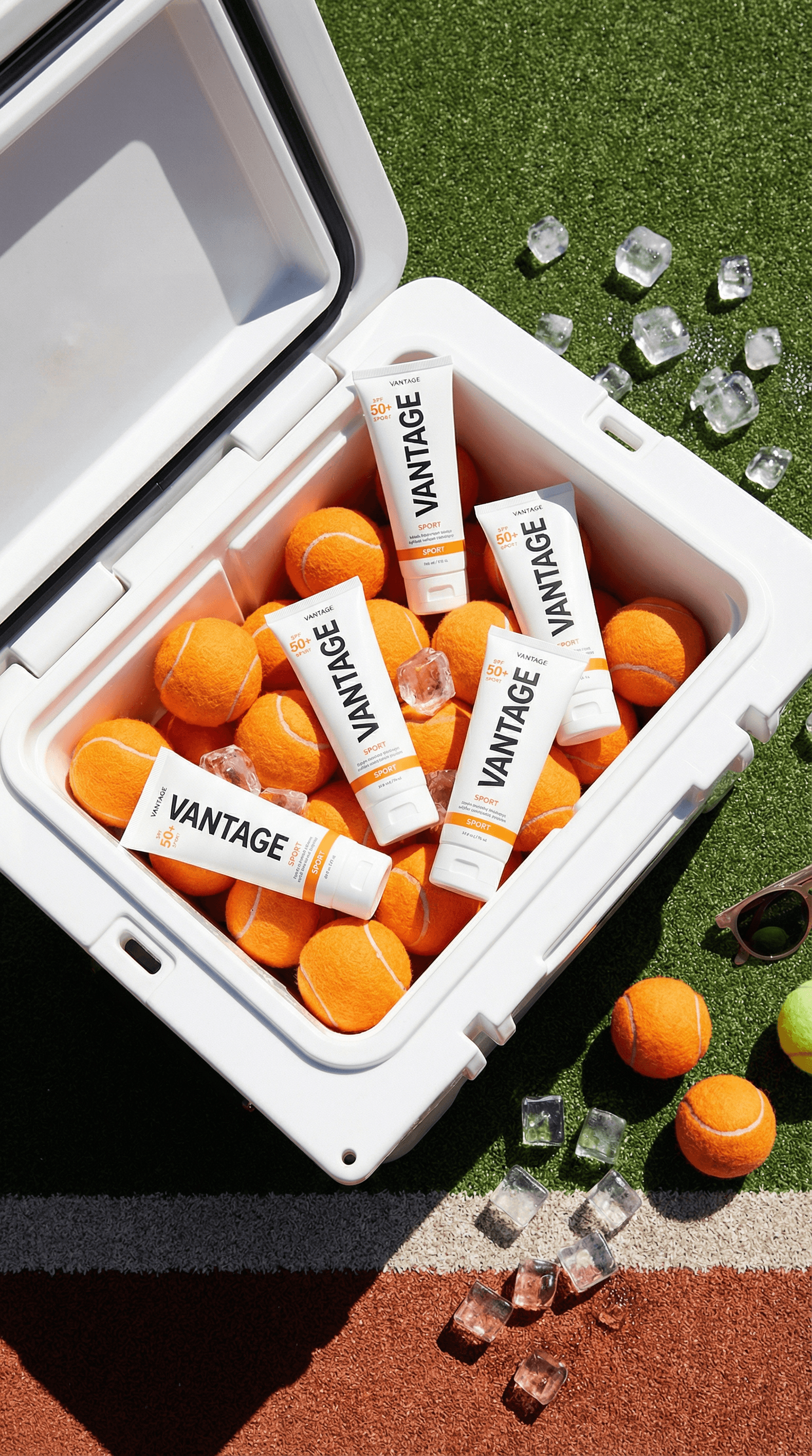 Vantage SPF 50+ Sport sunscreen tubes in cooler filled with tennis balls and ice