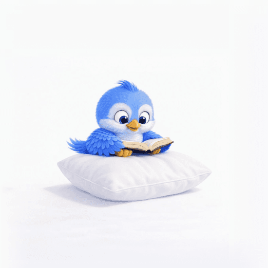 A small blue bird reading a book while sitting on a soft white pillow.
