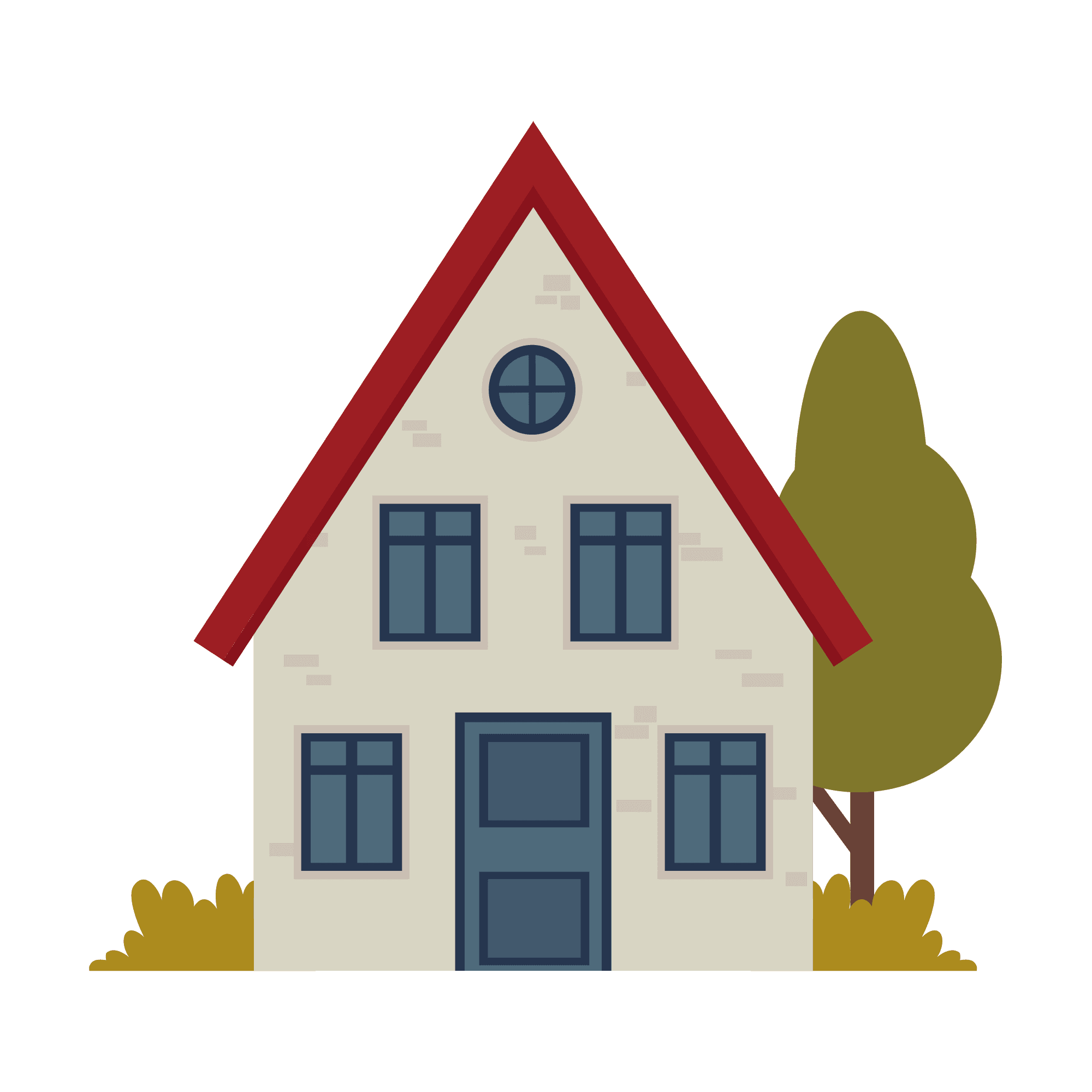 A simple, front-facing illustration of a two-story house with light beige brick walls and a steep, dark red gable roof. The house has a blue front door and four rectangular blue-framed windows on the lower level, plus two rectangular windows and one circular window with a cross pattern in the upper gable. A tall green tree stands on the right side of the house, and some brown and yellow shrubbery is visible at the base.
