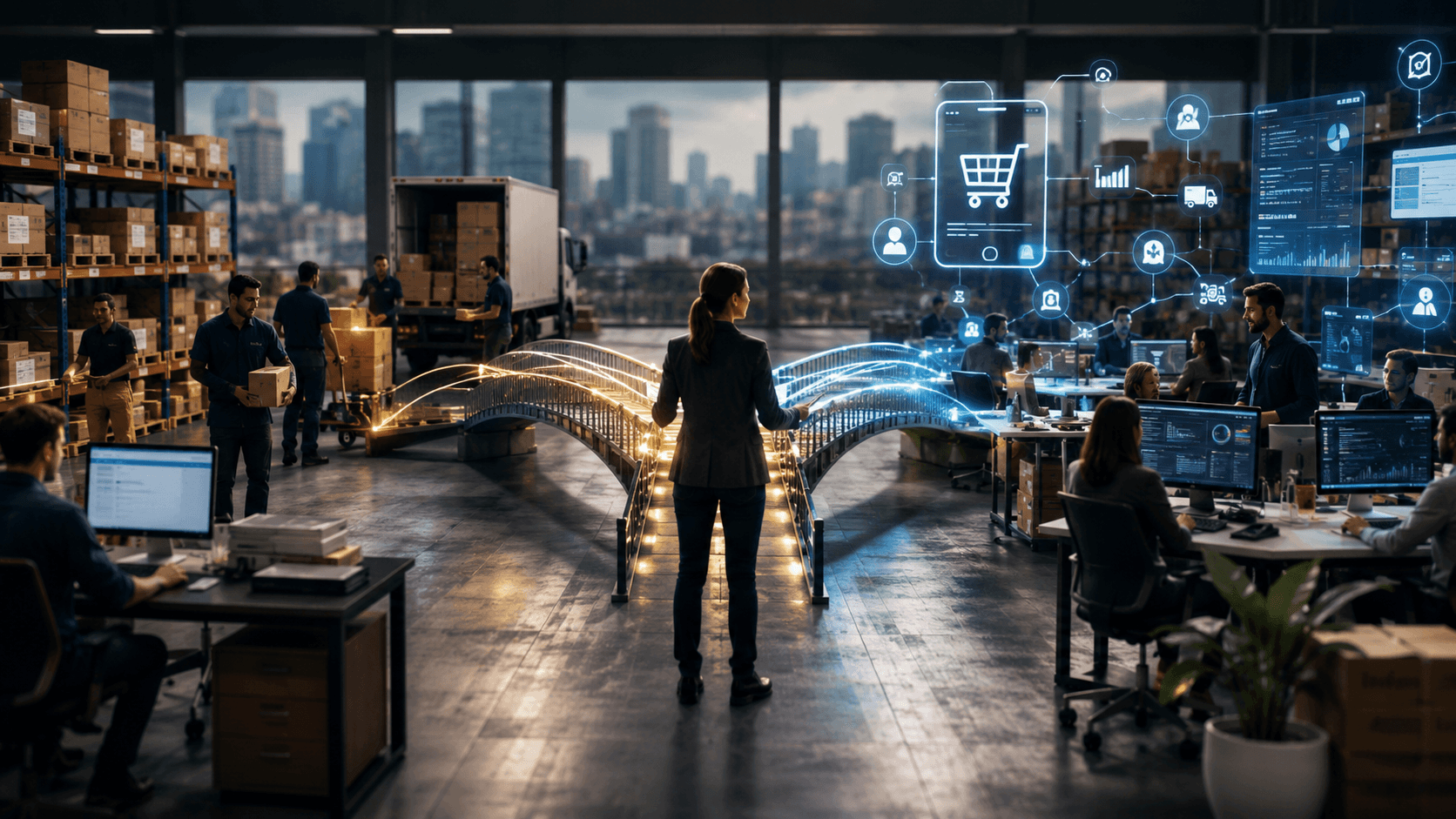 Uma distribuidora em processo de transformação digital. Em um único ambiente integrado, equipes continuam operando a logística, separação de pedidos e atendimento tradicional enquanto, ao mesmo tempo, utilizam plataformas digitais, dashboards e sistemas conectados. No centro da cena, uma liderança coordena pessoas e processos, simbolizando a gestão da mudança. A operação física e o canal digital funcionam em paralelo de forma harmoniosa, com colaboradores engajados, fluxo de trabalho contínuo e sem sinais de interrupção nas vendas. Estilo realista 3D, ambiente corporativo moderno, iluminação profissional e foco em colaboração, adaptação e evolução operacional.