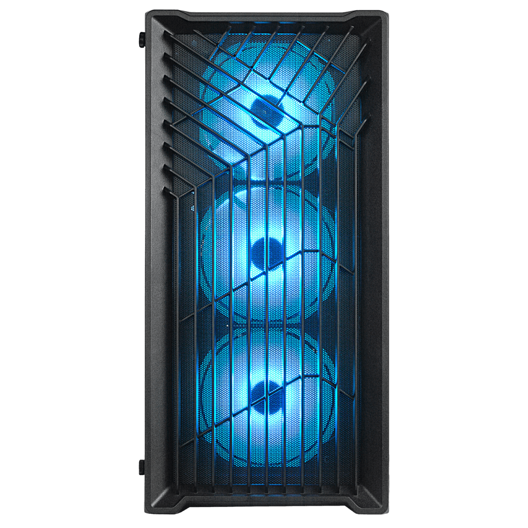 Minimalist black gaming PC case with a side panel removed, showcasing the internal components including a white cooling fan, GPU, and compact layout. Ideal for high-performance gaming setups in 2023, perfect for gamers seeking sleek and functional designs.