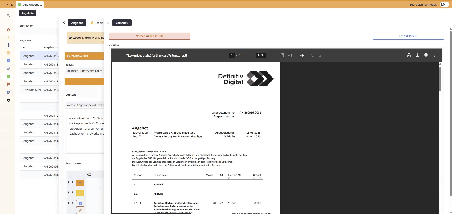 Screenshot der Angebote einer individuellen Handwerkersoftware