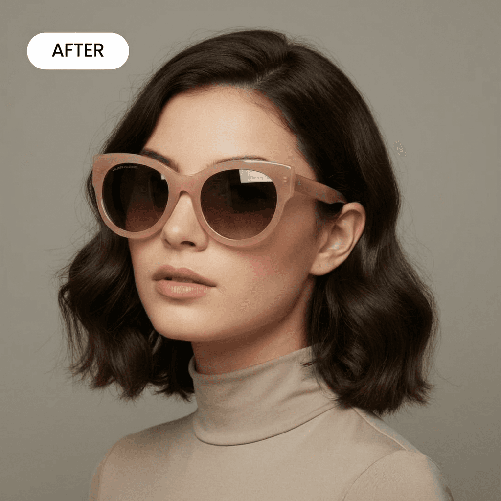 AI product photography: realistic AI-generated model wearing the brown sunglasses, side profile studio shot