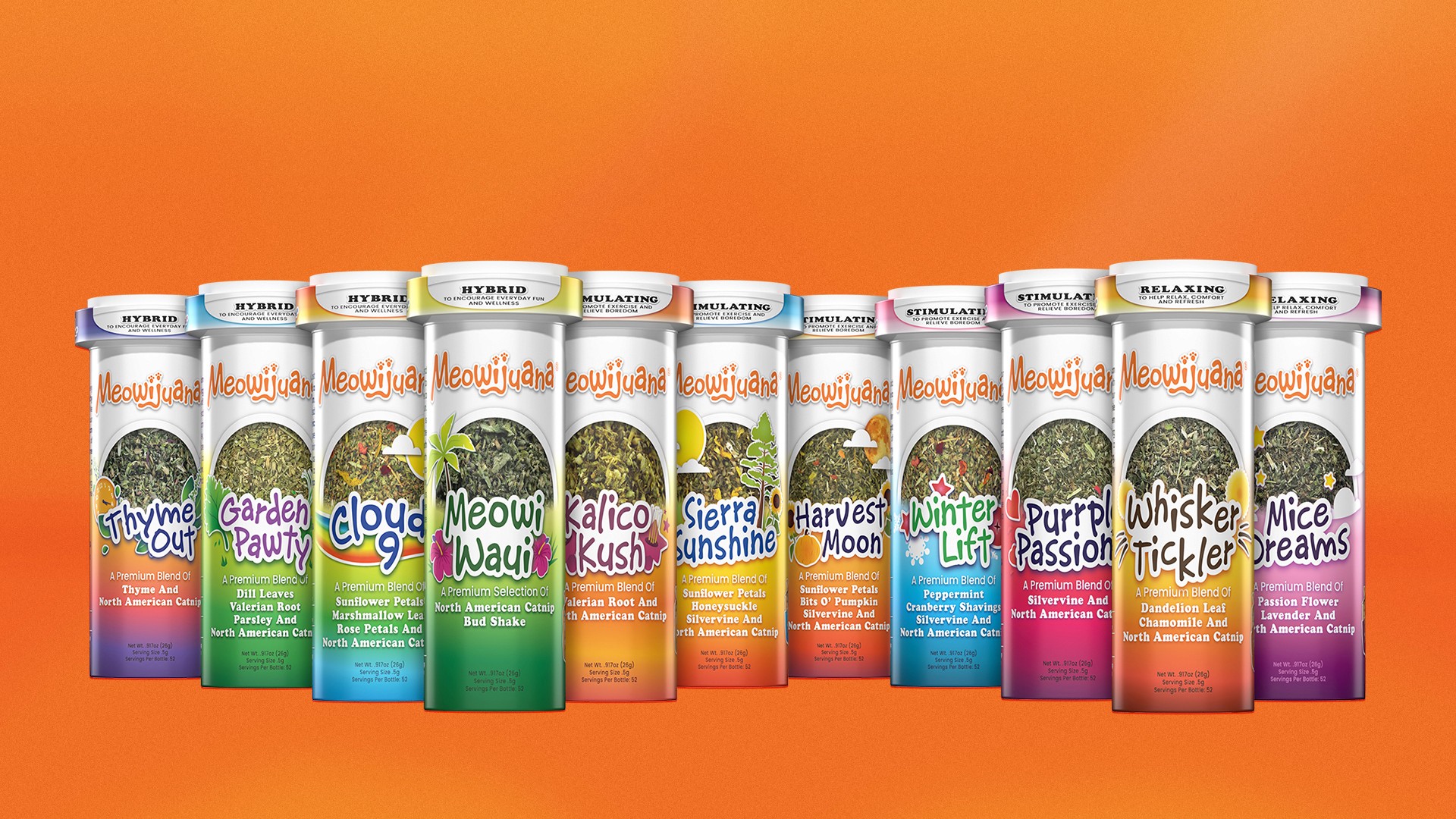 colorful, gradiented packaging for tubes of catnip