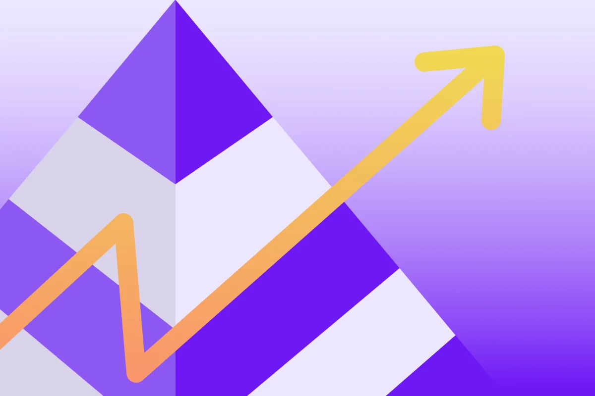 Abstract geometric design featuring a pyramid and an upward arrow in purple and orange tones.
