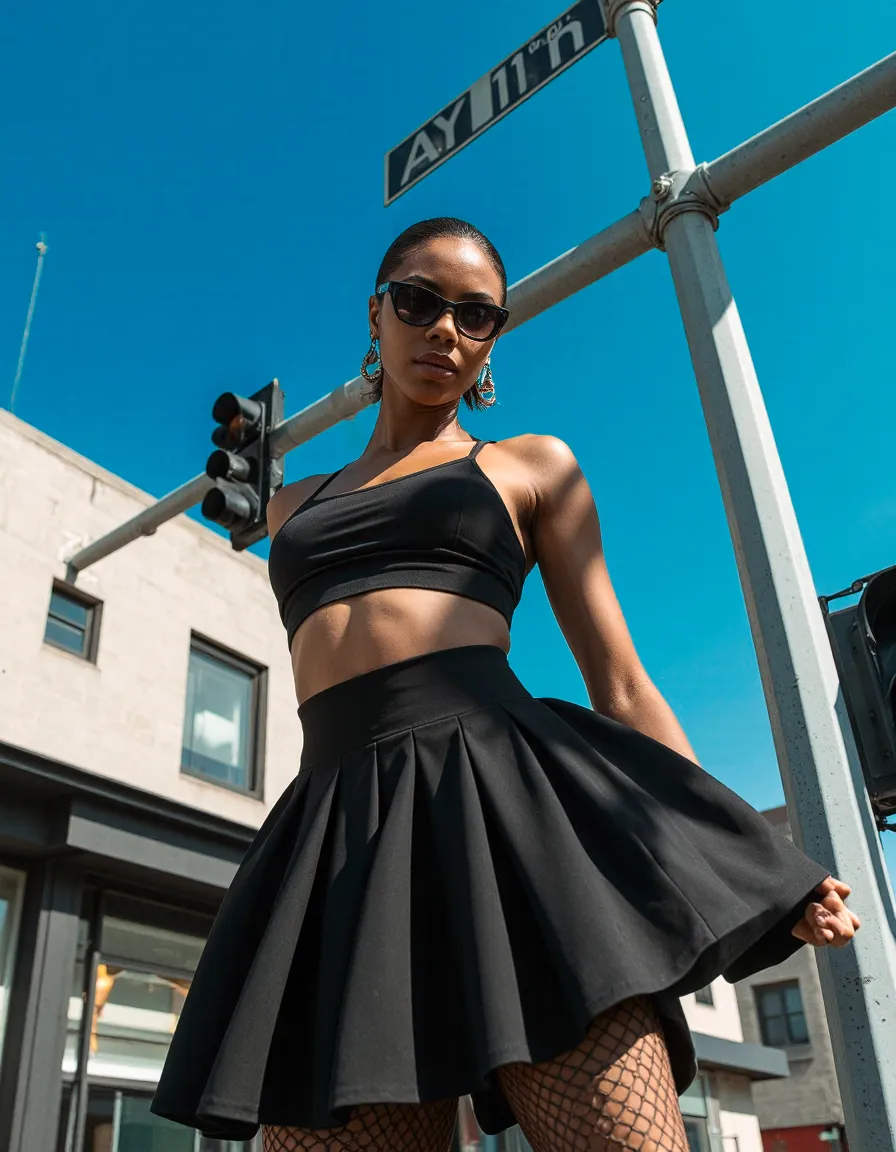 Woman in black crop top and pleated skirt with sunglasses posing under street sign against vibrant blue sky