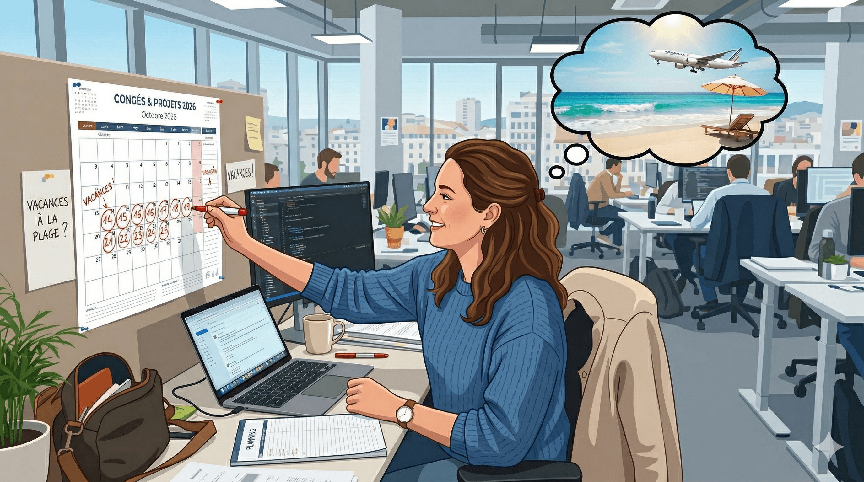 Illustration d'une femme dans un bureau en open space planifiant ses congés sur un calendrier mural marqué 'Congés & Projets 2026'. Elle entoure des dates en rouge tout en ayant une bulle de pensée montrant une plage ensoleillée avec un parasol et un avion, symbolisant ses futures vacances.